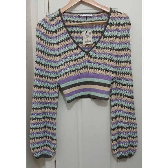 Zara womens small cropped purple beige open knit cotton sweater - Picture 2 of 7